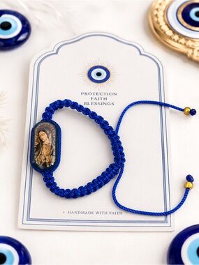 Handmade Blue Macramé Religious Bracelet with Virgin Mary Medallion